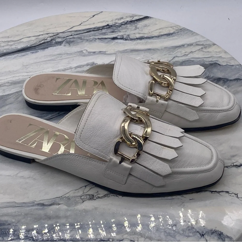 Zara Women’s Ecru White Leather Mule Sandals With Chain Size 39 - Picture 6 of 8